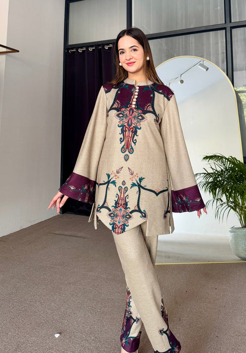 Beige Wine Cutwork Woollen Kurta Set